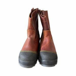 Men's Brown Leather Slip-On Work Boots with Black Toe